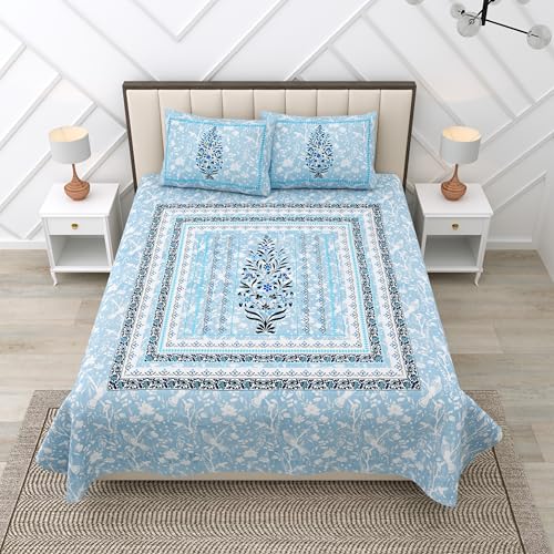 Image of RajasthaniKart Pure 100% Cotton 240 TC King Size BEDSHEET with 2 Pillow Cover - 90X108 (Suitable for King Size Bed Sheet or Double Bed, Light Blue) PSP133