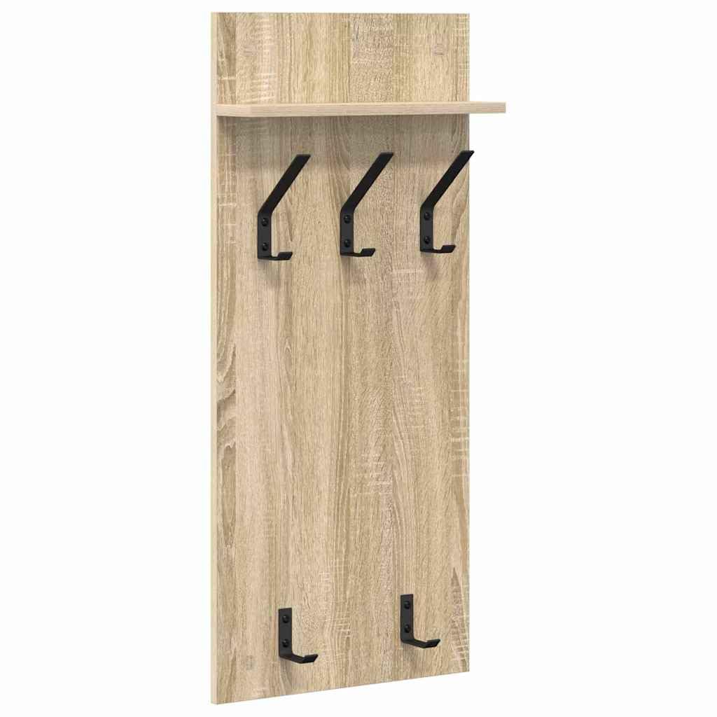 Perchero de pared de roble Sonoma 90 x 40 x 10 cm diseño moderno con 3 estantes y ganchos robustos para pasillo, salón y baño