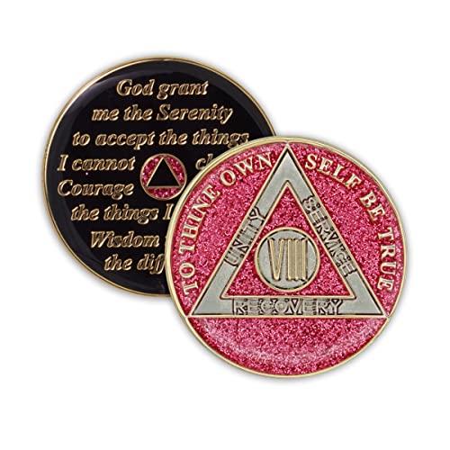 Image of 8 Year Sobriety Coin | Glitter Triplate AA Chip | Recovery Anniversary Token (Pink)