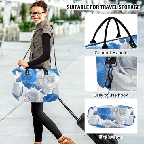 Flower Travel Duffle Bag Gym Bag, Retro Blue and White Roses Weekender Bags for Women with Toiletry Bag Travel Tote Bag Swim Bag 6