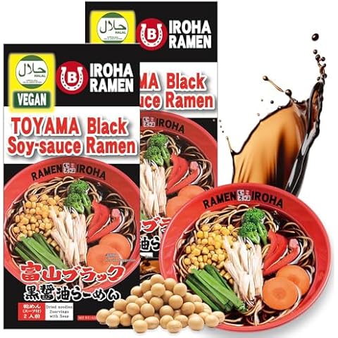 Soy Sauce Soup Ramen Noodles Japanese Style 2 packs 4 servings Halal Certified Vegan Vegetable broth No Animal Umami Dashi Toyama Black 6.35oz Cover