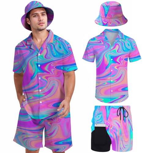 Mens 2 Pieces Hawaiian Shirt and Shorts Set Short Sleeve Button Down Shirts Tracksuit for Men with Bucket Hats