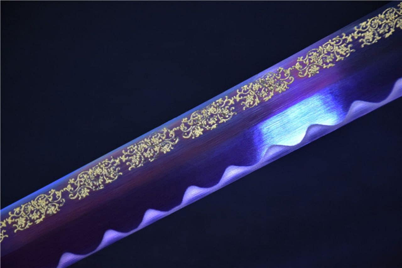 Purple Ninja Wakizashi Combat Ready High Manganese Steel Japanese Samurai Sword Full Tang Sharp Blade Engraved Gold Flowers Beautiful Knife Middle Length Katana