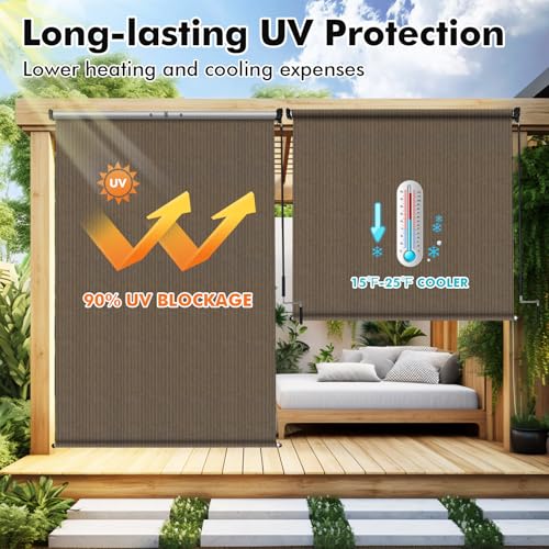 Image of Artpuch Patio Shades Roll Up Outdoor Roller Shade with Spliced Design, 135 inch W x 96 inch H Cordless Outside Blinds Cloth for Porch Pergola Gazebo, Mocha