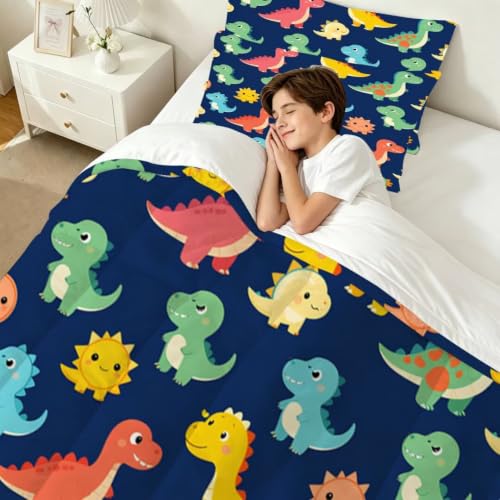 Image of Cartoon Dinosaur Comforter Set for Boys Colorful Twin Bedding Set | Navy Blue Cute Colorful Dino Floral Print Bedding Set for Kids Girls, Washable Soft Bed Set with 1 Comforter 1 Pillowcase