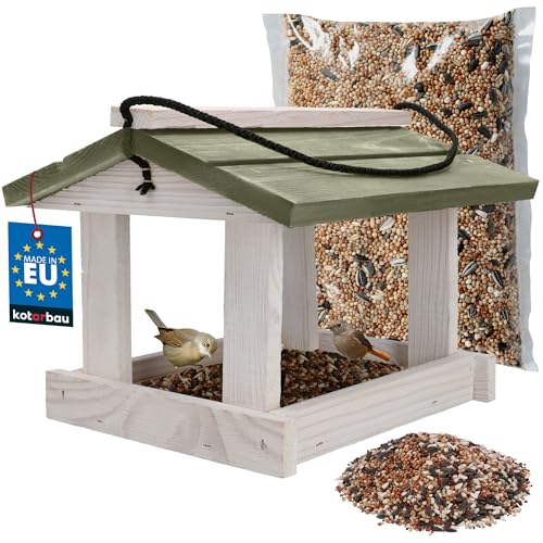 KOTARBAU® - Casetta con mangiatoia per uccelli da appendere, bianco con 0,5 kg di mangime incluso
