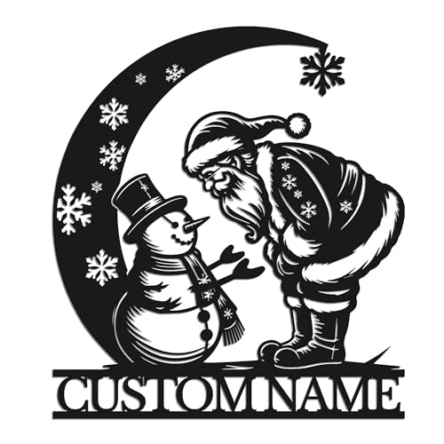 Personalized Christmas Eve Metal Sign - Custom Family Name, Xmas Santa Claus Snowman Hanging Welcome Sign for Outdoor Porch Fence Patio Yard Home Decor Gifts