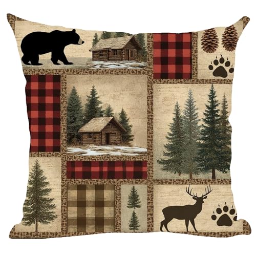 Ramirar Retro Brown Deer Bear Paw Prints House Cabin Forest Pine Nut Trees Maple Field Fall Decorative Throw Pillow Cover Case Home Living Room Bed Sofa Car Cotton Linen Square 18 x 18 Inches