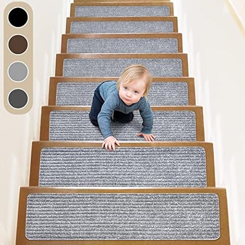 ToStair Stufenmatten, 76cmx20cm(15 stück) Anti-Rutsch Treppen Treppenstufen für Holzstufen, Stufenschutz Stufenteppich Innenbereich für Kinder Ältere und Hunde,Hellgrau Cover