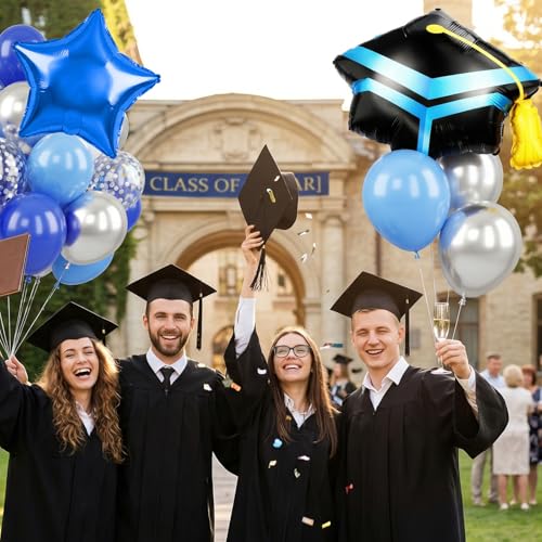 Image of Blue Silver Graduation Balloons, Royal Light Blue Silver White Confetti Balloons, Cap Star Grad Foil Balloon for 2026 Graduation Decorations Celebration Party Supplies