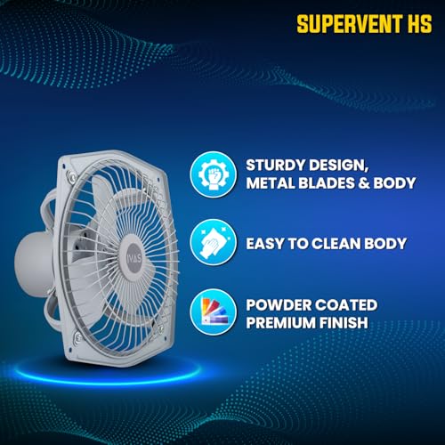 Image of IVAS SuperVent HS 225mm Metal Exhaust Fan, High Speed 2200 RPM, AD 600 CMH, 100% Copper Winding, Strong Suction, Anti Rust, Easy Installation, For Kitchen & Bathroom, 2 years Warranty, Grey, Pack of 1