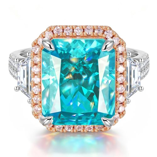 Moissa 8ct Lab Zircon Cocktail Ring 14K White Gold Plated Silver Rings for Women Radiant Cut Halo Ring for Engagement Anniversary Birthday Party Jewelry Gift for Wife Her - Vivid Blue Statement Ring