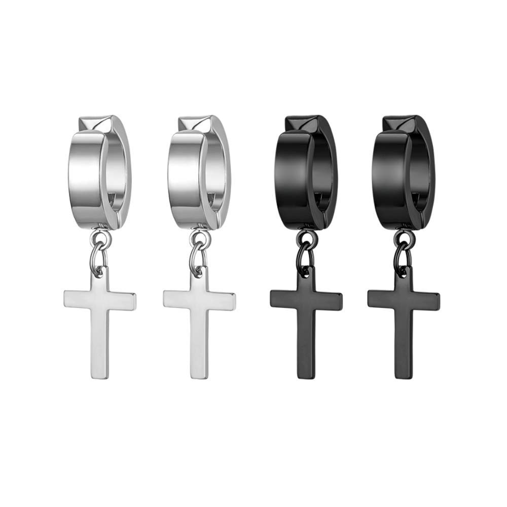 Flongo Pendientes para Hombre, Pendientes para Mujer, Pendientes de Cruz de Estilo de Moda de Acero Inoxidable, Pendientes Pequeños Sin Perforación, Color Plateado Negro Dorado