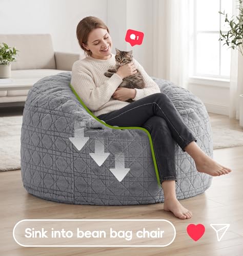 Image of 3FT Bean Bag Chair Bean Bags for Adults Large Bean Bag Beanbag Chair with Washable Cover Quilted Plush Fluffy Bean Bags Memory Foam Bean Bag Chairs Pocket Handle for Bedrooms Living Room Office(Grey)