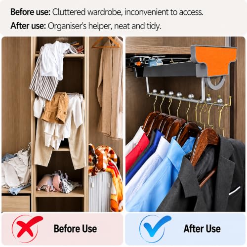 Image of Pull-Out Wardrobe Clothes Hanger Rail, Telescopic Sliding Closet Rod with Smooth Damping, Space-Saving Clothing Organizer for Shirts, Pants, Ties & Scarves, Aluminium Alloy - Grey