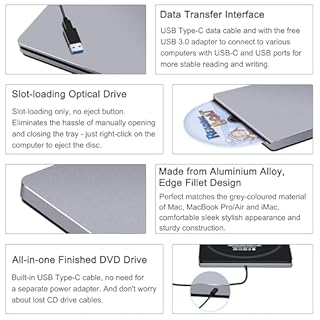 NOLYTH CD Drive External for Mac: USB C DVD Burner Player SuperDrive for Laptop Windows Apple Plug & Play High-Speed Data Backup with USB3.0 Adapter Aluminum(Grey)