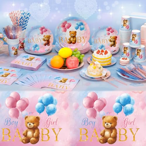 Image of Funnymoom 452 Pcs Bear Themed Gender Reveal Party Decorations for 50, Boy or Girl Gender Reveal Paper Plates Napkins Cups Tablecloth Cutlery Straws for Pink Blue Baby Shower Party Supplies