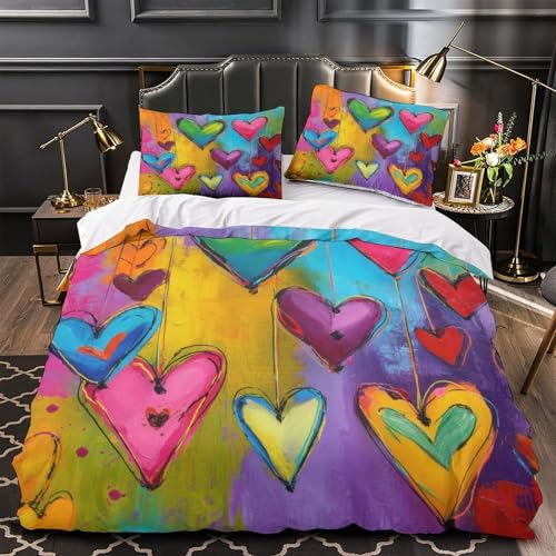 Parure de lit 3D imprimée cœurs colorés en microfibre résistante avec fermeture éclair - 2