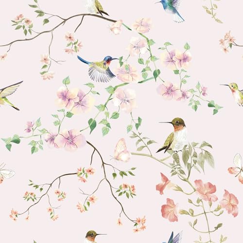 VaryPaper 17.7"x78.7" Rustic Hummingbird Floral Wallpaper Peel and Stick Decorative Purple/Pink Floral Contact Paper for Cabinets Drawers Removable Self Adhesive Mural Wallpaper for Bedroom Nursery