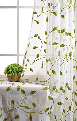 Tiyana Ivy Leaf Embroidered Sheer Panels Window Crushed Sheer Gauze Curtain Panels Room Curtain Voile Tulle Window Drapery Rod Pocket, 1 Panel, Green Leaf White Sheer, W54 X L63 Inch #TOP5