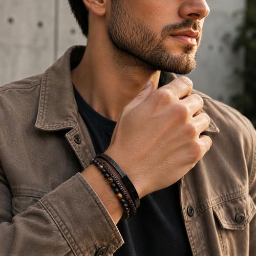 Pulsera para hombre de cuero con piedras naturales miniatura 2