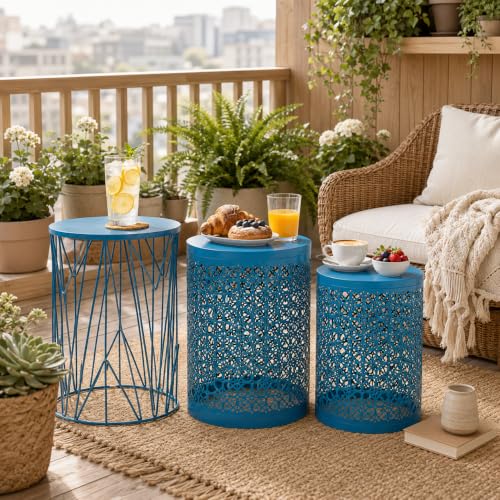 Y&M Set of 3 Heavy-Duty Round End Table, Side Table, Coffee Table for Indoor Multifunctional Use, Outdoor Decorative Garden Stool Plant Stand-Blue