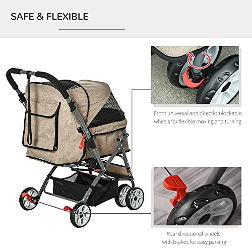PawHut Travel Pet Stroller for Dogs, Cats, One-Click Fold Jogger Pushchair with Swivel Wheels, Brakes, Basket Storage… - Image 6