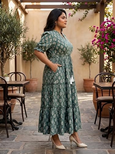 Image of Indietoga Women's Floral Printed Pure Cotton Tiered Maxi Dress (XL to 7XL)