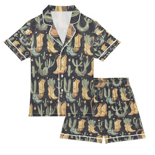 Satin Pajama Sets Short Sleeve Cowboy Boots and Cactus Pattern Button Down Silky Nightwear 2 Piece PJS 5-14Y