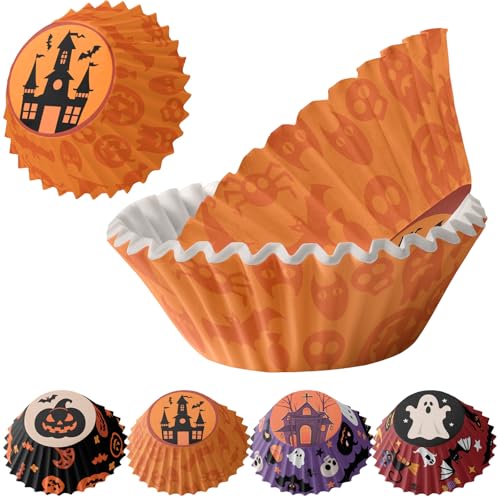 MORAINJAY 100P Moldes para Cupcakes Halloween,Cápsulas para Magdalenas con Diseños de Calabaza, Murciélago y Fantasma, Papel de Hornear Anti-grasa para Fiestas y Repostería(Naranja)