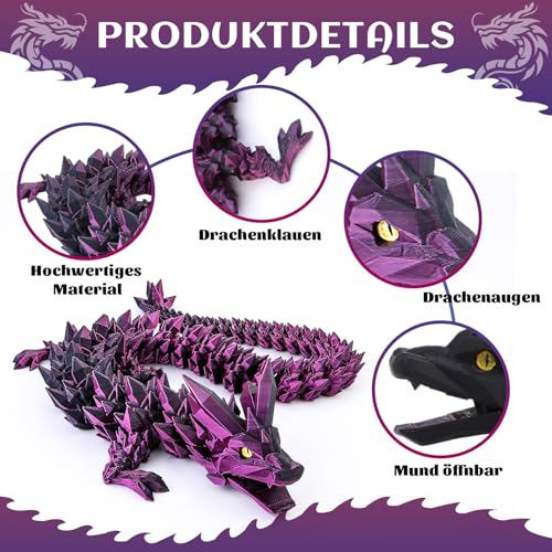 3D Gedrucktes Drache, 60CM Drachen Spielzeug mit Augen, Geheimnisvolle Realistische Drachen Figuren, Ewegliche Gelenke Kristall Drachen Deko Schreibtischspielzeug (Mysteriös Schwarzvioletter Drache)