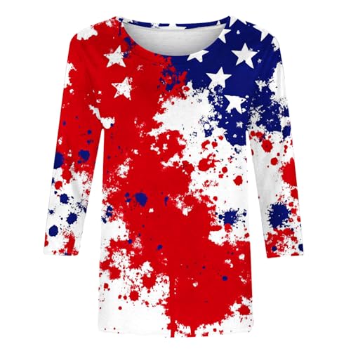 Image of Fourth of July Shirts for Women 3 /4 Sleeve Summer Tops American Flag Print T Shirt Patriotic 4th of July Shirts 2025