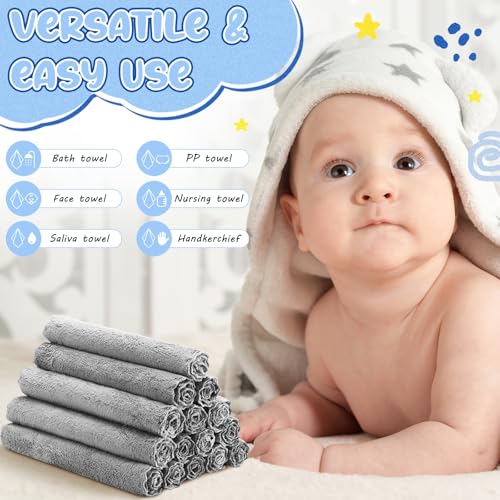 Image of Handepo 100 Pack Baby Washcloths Bulk 10 x 10 Inch Microfiber Coral Fleece Baby Face Towels Absorbent and Soft Wash Cloths for Newborns Infants and Toddlers (Grey)