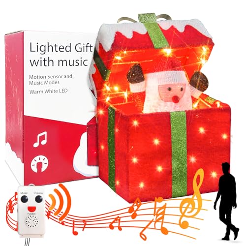 PEIDUO Animated Christmas Santa in Lighted Gift Box, Motion Sensor Christmas Music Decorative Lights, Under The Christmas Tree Present Decorations for Indoor Outdoor Yard Home Holiday Decor