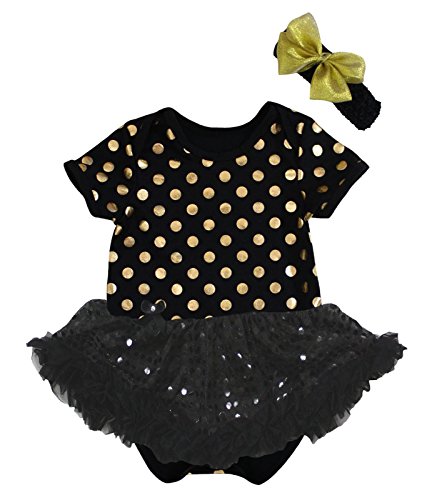 Petitebella Gold Polka Dots Bodysuit Black Sequins Tutu Baby Dress Nb-18m