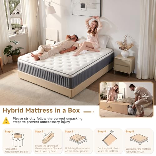 10 Inch Queen Size Hybrid Mattress with Gel Memory Foam and Individual Pocketed Coils for Motion Isolation & Edge Support, Medium Firmness for Pressure Relief, CertiPUR-US Certified,in a Box