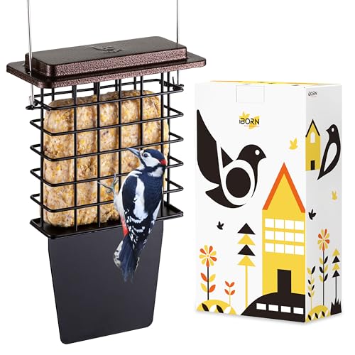 iBorn Suet Feeder with Tail Prop Woodpecker Feeder Suet Feeders for Outside Hanging Suet Bird Feeders for Outdoors Heavy-Duty Suet Cage Suet Holder Rainproof Roof Easy Clean and Refill 1 Pack Coffee