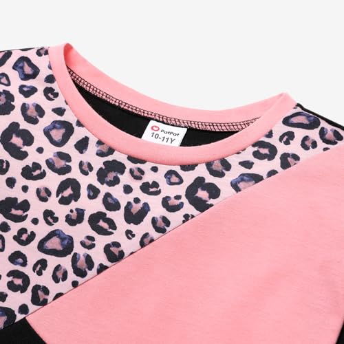 Image of PATPAT Big Kid Girls 2 Piece Outfits Crew Neck Leopard Color Block Top and Leggings Girl Sweatpants Tracksuits, Black, 7-8 Years