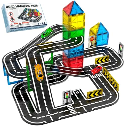SKTMYY Magnetic Tiles Road Set with Cars & Ramp STEM Magnetic Tiles for Kids Ages 4-8 Creative Magnet Building Blocks Expansion Pack Montessori Toys for 4+ Years Old Boys Birthday Gifts