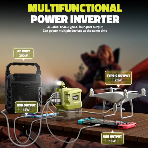 Image of Ecarke 200W Portable Power Inverter Compatible with Ryobi 18V Battery, DC 18V to AC 110V Power Station with 1 AC Outlet, 2 USB, 1 Type-C & LED Light, for Outdoor Emergency Use (No Battery)