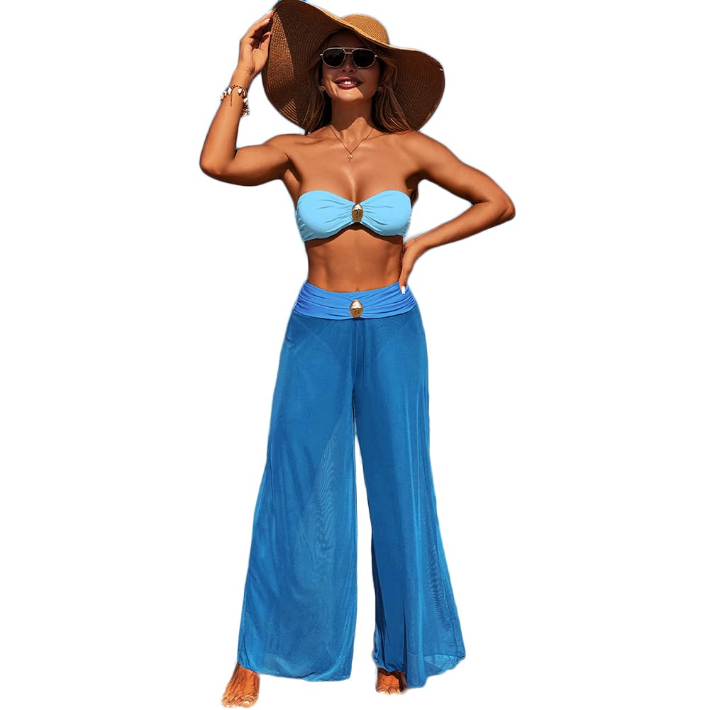 XYFfybhsd Three Piece Women's Bikini Swimwear Beachwear Sexy Swim Wear With Mesh Long Pants Bikinis & Beachwear(Size:M,Color:Blue)