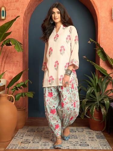 Image of EthnicJunction Women's Linen Floral Print Summer Wear Straight Short Kurti with Afghani Pant Set | Co Ord Set for Women Stylish | Fusion wear Women