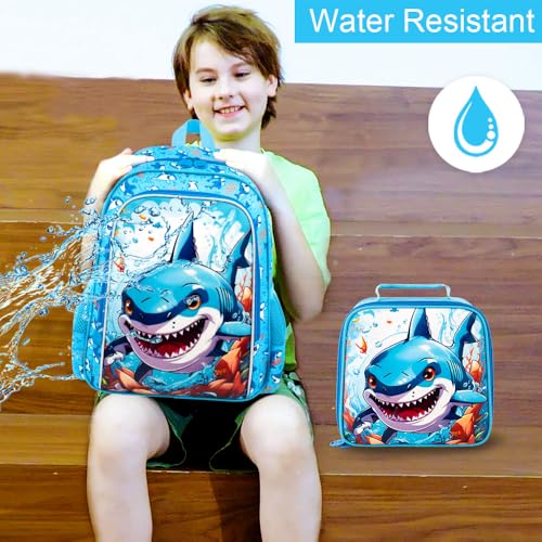 Image of CCJPX 3PCS Shark Backpack for Boys, 16 Inch Kids Water Resistant Preschool Bookbags, Cool Kindergarten School Backpacks and Lunch Box