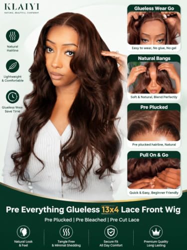 Image of KLAIYI Auburn Chestnut Brown Loose Body Wave Pre Everything Glueless 13x4 Lace Front Wigs Human Hair Drawstring Precut Lace Pre Plucked Bleached Ready to Wear and Go Wig with Face Framing Bang 26Inch