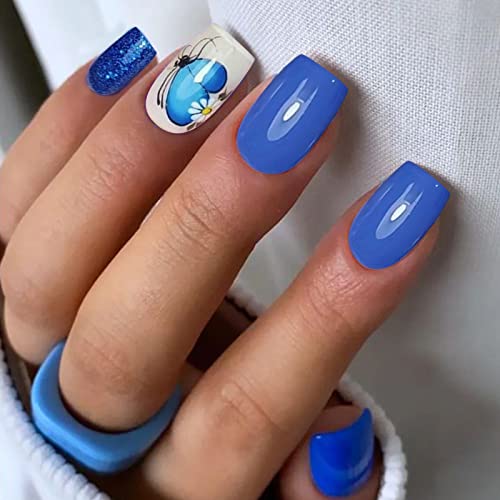 Votacos Press On Nails Short Square Fake Nails Blue False Nails With Butterfly Design Glossy Stick On Nails For Women 649 #TOP22