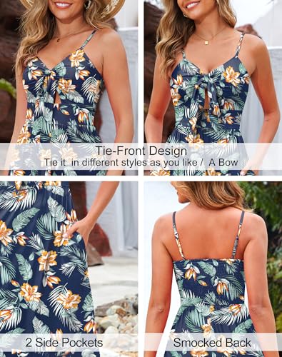 Image of Kranda Women 2026 Summer Sundress High Waist Tie Front Spaghetti Strap Long Beach Floral Tiered Maxi Dress with Pockets