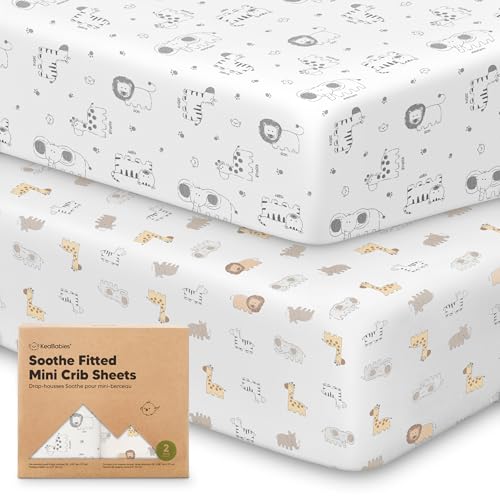 Image of 2-Pack Mini Crib Sheets Fitted - 38x26 Pack N Play Sheets for Pack and Play Mattress, Organic Cotton, Soft & Breathable Playard Bedding, Neutral Mini Toddler Bed Cover for Boys, Girls (KeaSafari)