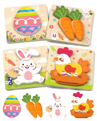 Oomloid Easter Wooden Puzzles Toddler Toys, 4 Pack Party Favors Baskets Essentials Birthday Gifts Montessori Toys Easter Basket Stuffers for Toddlers Kids Girls Boys Age 1-3, 2-4