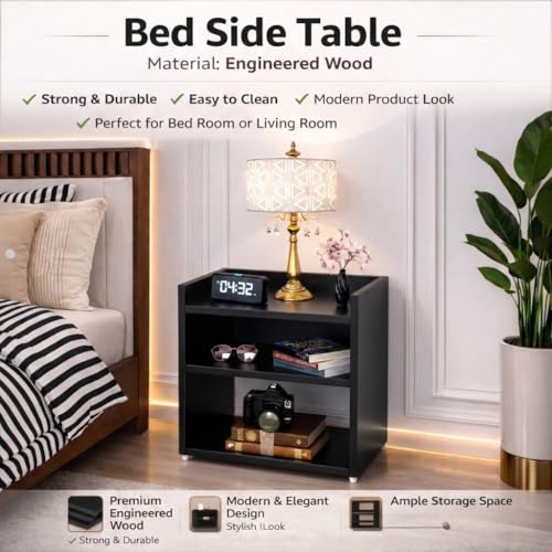 Image of SPYDER CRAFT 2 Tier Engineered Wood Bedside Table for Bedroom|Wooden Modern Side Tables for Bedroom|Side Table for Bed Room|Corner Table for Bed Room (Finish Color -Black, DIY(Do-It-Yourself))