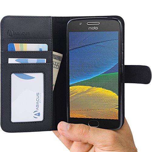 Coque Moto G5 Abacus24-7®, Etui à Rabat en Cuir, Housse de Protection pour Motorola MotoG5 Portefeuille - Noir